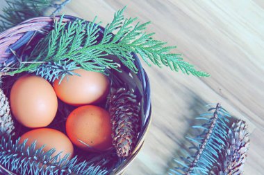Çam yaprakları, kozalaklar ve açık kahverengi ahşap zemine yerleştirilmiş dallarla dolu bir sepette yumurtalar..