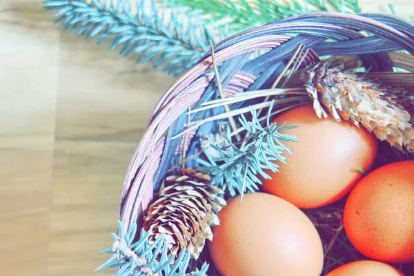 Paskalya yumurtaları sepetin içinde, çam dalları ve kozalaklar ahşap zemine yerleştirilmiş, modern ton..