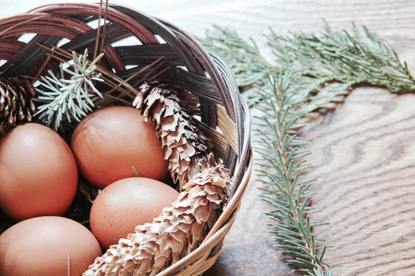 Paskalya yumurtaları sepetin içinde, çam dalları ve kozalaklar ahşap zemine yerleştirilmiş, modern ton..