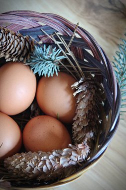 Çam dalları ve kozalaklarla dolu bir sepetin içinde paskalya yumurtaları..