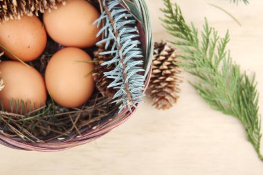 Dört kişilik bir sepetin içinde paskalya yumurtaları ve arka planda çam kozalakları..