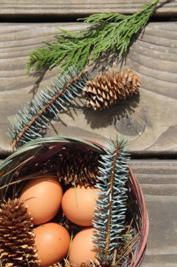 Dört kişilik bir sepetin içinde paskalya yumurtaları ve arka planda çam kozalakları..
