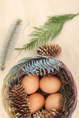 Dört kişilik bir sepetin içinde paskalya yumurtaları ve arka planda çam kozalakları..