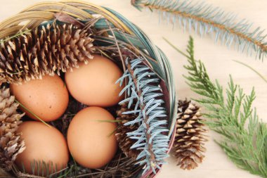 Dört kişilik bir sepetin içinde paskalya yumurtaları ve arka planda çam kozalakları..