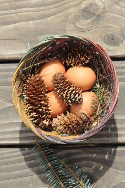 Dört kişilik bir sepetin içinde paskalya yumurtaları ve arka planda çam kozalakları..