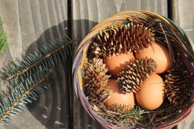 Dört kişilik bir sepetin içinde paskalya yumurtaları ve arka planda çam kozalakları..