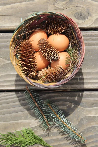 Velikonoční Vejce Košíku Borovicovými Listy Borovicovými Šiškami Lehkém Dřevěném Pozadí — Stock fotografie