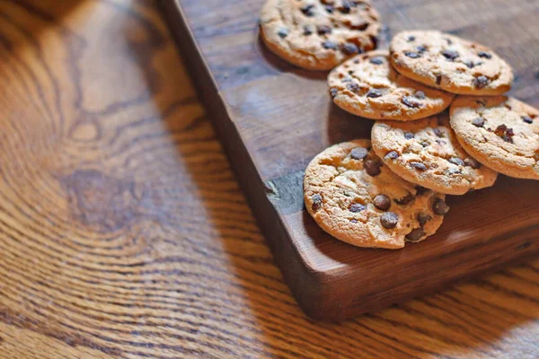 Freshly Baked Chocolate Cookies Served Wooden Cutting Board — стоковое фото