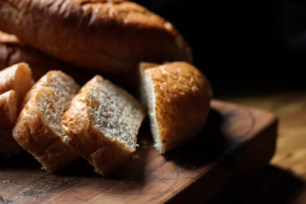 Freshly Baked Wheat Bolilios Ready Serve Cut Wooden Cutting Board — Stock Photo, Image