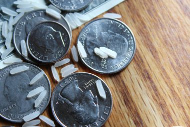 Dolar sikkeleri ve dolar banknotları pirinç taneleriyle birlikte ahşap bir masaya saçılmış..