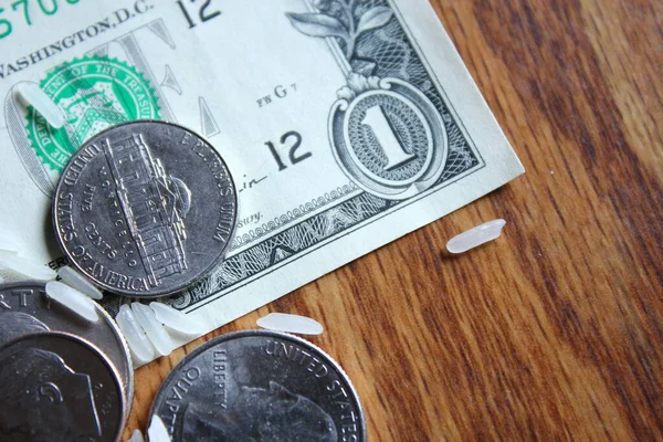 Dollar coins and dollar bills are scattered on a wooden table with grains of rice.