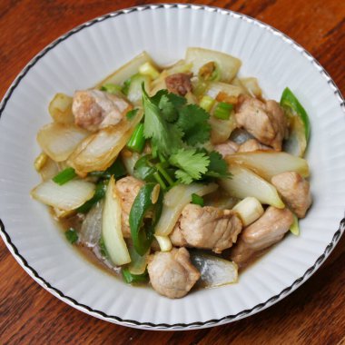 Kızarmış domuz eti ile soğan ve taze soğan karışımı beyaz tabakta servis edilen Tayland yemeği Taylandlıların yediği popüler bir yemektir..