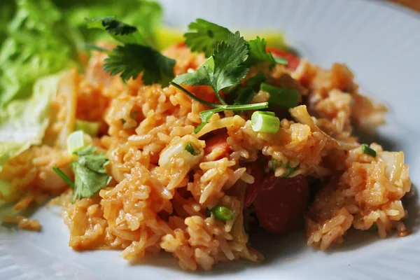 Pork Sausage Fried Rice Served Plate Lettuce Coriander Garnish Fried — Stock Photo, Image