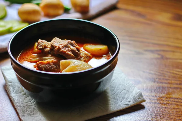 Massaman Curry Black Crockery Served Boiled Potatoes Chili Brown Wooden — Foto de Stock