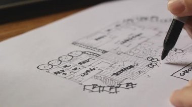 Bir mimar ahşap bir masada beyaz kağıda konut planı çiziyor..