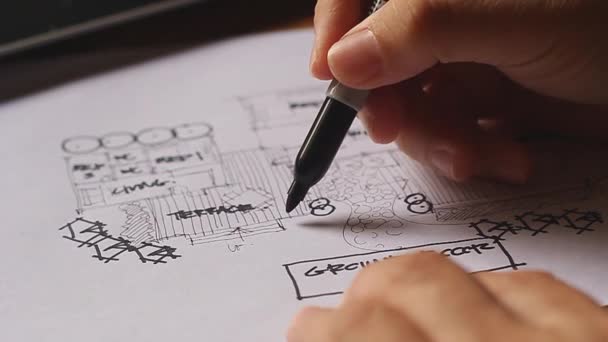 Man Hand Skating House Plans Architects Drawing Architectural Plans — Vídeo de stock