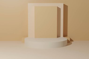 Soyut sarı kompozisyonda podyum, 3D çizim, 3D illüstrasyon, modern renk, minimalist tasarım.