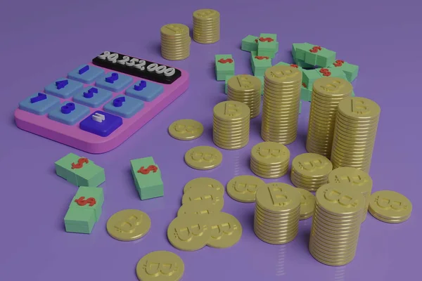 Kalkulator Bitcoin Nas Dolar Ułożone Fioletowym Tle Ilustracja Renderowania Miękkimi — Zdjęcie stockowe