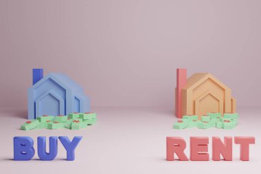 Bir ev kiralamak ve inşa etmek arasında seçim, üç boyutlu resimleme yumuşak ışık ile yapılır.