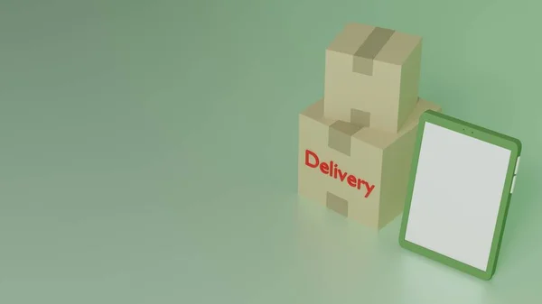 Mobile Phone Delivery Box Word Delivery Put Green Background Render — Stockfoto