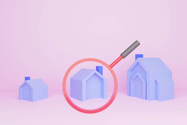 Small, medium, large house models, comparing each size house, magnifying glass, house models put on Pink background, 3D render