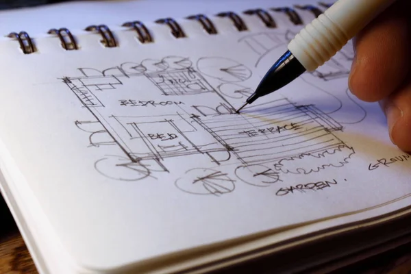 Architect Hands Sketching Architectural Plans Pencils Sketchbook Desk Laptop — Stockfoto