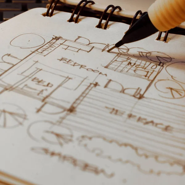 Architect Hands Sketching Architectural Plans Pencils Sketchbook Desk Laptop — Stockfoto