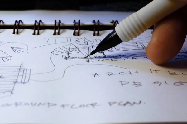 Architect Hands Sketching Architectural Plans Pencils Sketchbook Desk Laptop — Stock Photo, Image
