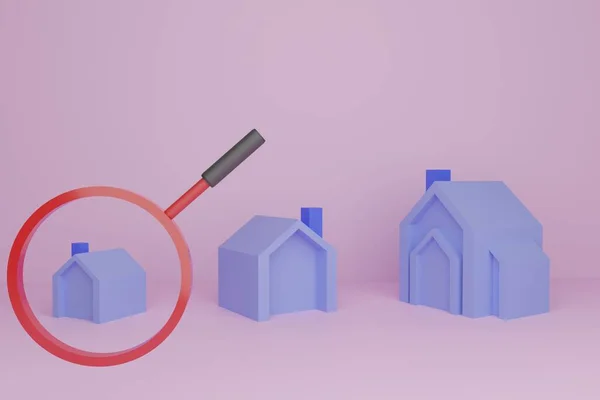 Small, medium, large house models, comparing each size house, magnifying glass, house models put on Pink background, 3D render