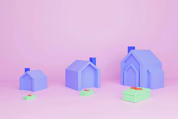 Small houses, medium houses, large houses, the amount of money spent on building a house, 3D rendering in pastel colors.