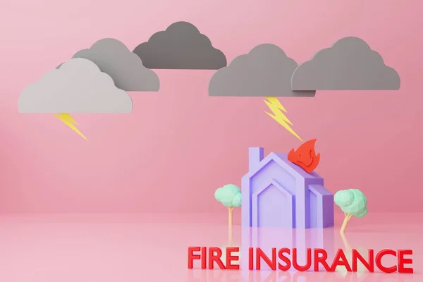 Model house fire from lightning from storm, house fire insurance, housing insurance, 3D render.