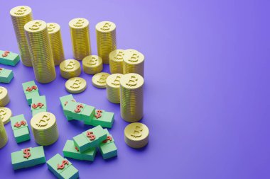 Bitcoins and Dollars stacked on purple background, 3D render illustration with soft lights.