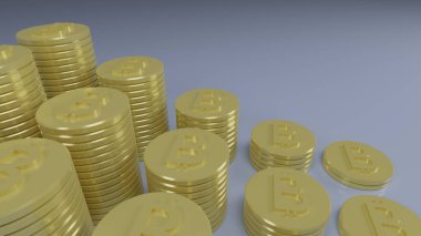 3d render bitcoin coin Arranged in ascending bars on a light blue background.