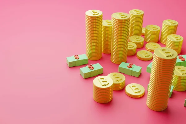 Bitcoins and Dollars stacked on pink background, 3D render illustration with soft lights.