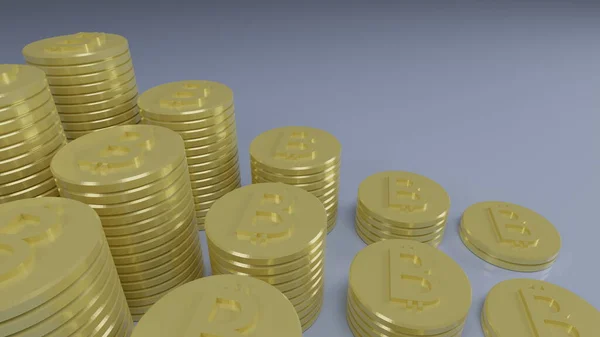 3d render bitcoin coin Arranged in ascending bars on a light blue background.