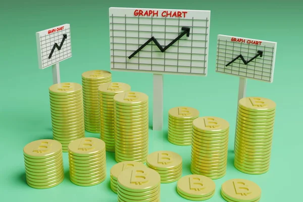 3D render illustration with soft lights, stacks of gold bitcoins laying on a green background with graphics of bitcoin prices are increasing in price.