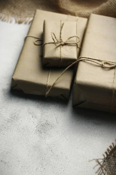 Gift Box Wrapped Brown Recycled Paper Placed White Table —  Fotos de Stock