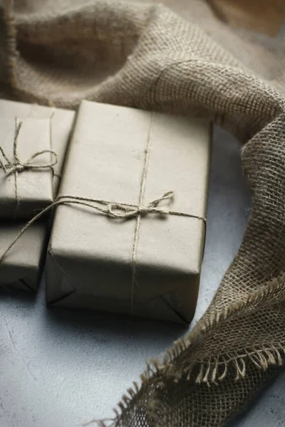 Gift Box Wrapped Brown Recycled Paper Placed White Table — Stok fotoğraf