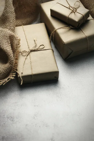 Gift Box Wrapped Brown Recycled Paper Placed White Table — ストック写真