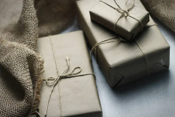 Gift Box Wrapped Brown Recycled Paper Placed White Table — Stok fotoğraf