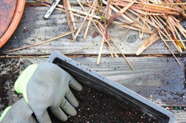 Topraklı saksılar ekime ve eldivenlere hazırlandı. Ahşap bir balkona konmuş turşu, toprakla dağılmış..