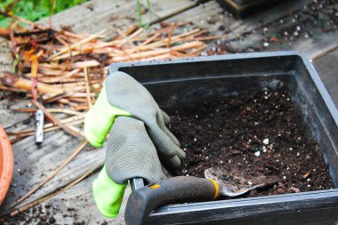 Topraklı saksılar ekime ve eldivenlere hazırlandı. Ahşap bir balkona konmuş turşu, toprakla dağılmış..