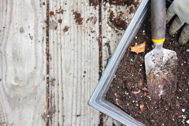 Topraklı saksılar ekime ve eldivenlere hazırlandı. Ahşap bir balkona konmuş turşu, toprakla dağılmış..
