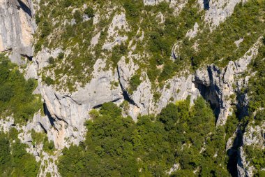 Bu manzara fotoğrafı Avrupa 'da, Fransa' da, Provence Alpes Cote dAzur 'da yaz mevsiminde çekilmiştir. Verdon Boğazı 'nın yamaçlarında, güneşin altında bir orman görüyoruz..