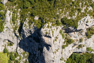 Bu manzara fotoğrafı Avrupa 'da, Fransa' da, Provence Alpes Cote dAzur 'da yaz mevsiminde çekilmiştir. Verdon Boğazı 'nın tepesindeki sarp kayaları ve güneşin altındaki ağaçları görüyoruz..