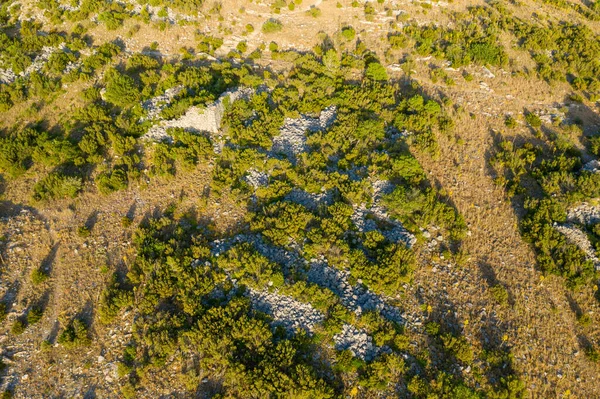 Bu manzara fotoğrafı Avrupa 'da, Fransa' da, Occitanie 'de, Doğu Pireneler' de, yazın çekildi. Zirveyi Opoul Şatosu Perillos 'un kalıntılarıyla, güneşin altında görebiliriz..