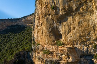 Bu manzara fotoğrafı Avrupa, Fransa, Ardeche, yaz aylarında çekildi. Güneşin altındaki Gorges de Ardeche 'deki kayalık kayalıklarda gözle görülür erozyon görüyoruz..