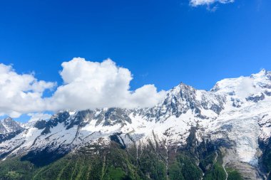 Bu manzara fotoğrafı Avrupa 'da, Fransa' da, Alpler 'de, yazın Chamonix' e doğru çekildi. Mont Blanc Massif 'i ve sonsuz karlarını Mont Blanc Massif' te, güneşin altında görebiliriz..