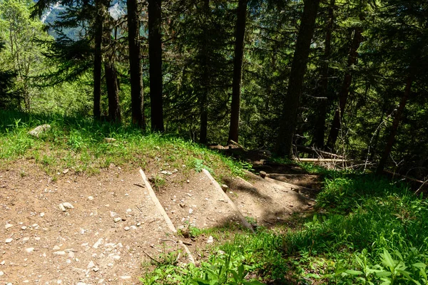 Bu manzara fotoğrafı Avrupa 'da, Fransa' da, Alpler 'de, yazın Chamonix' e doğru çekildi. Güneşin altındaki Mont Blanc kalabalığında uzun mesafeli yürüyüş yolunda ahşap adımlar görebiliyoruz..