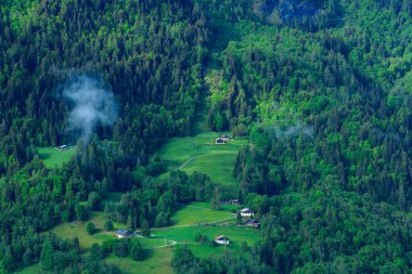 Bu manzara fotoğrafı Avrupa 'da, Fransa' da, Alpler 'de, yazın Chamonix' e doğru çekildi. Yeşil kırsal kesimde Mont Blanc Massif 'deki Les Houches' a doğru güneşin altında.